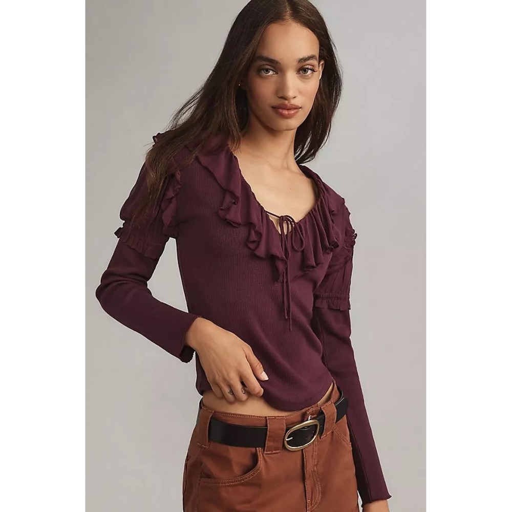 Anthropologie Ruffle V-Neck Ribbed Knit Top Purple XL OB2104386